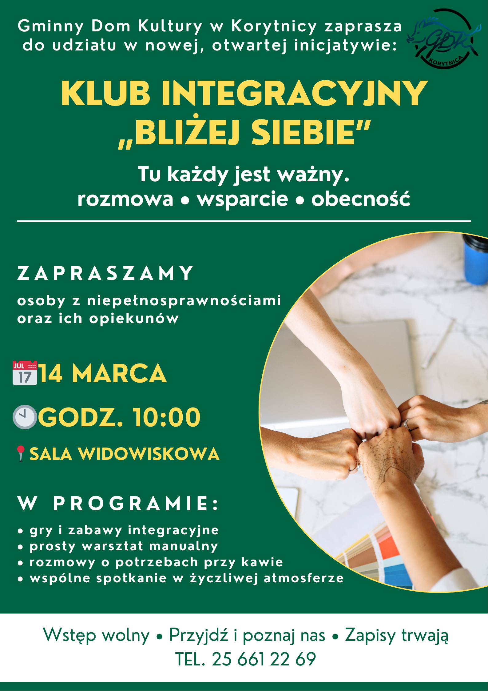 Plakat o&nbsp;otwarciu Klubu Integracyjnego "Bliżej Siebie"